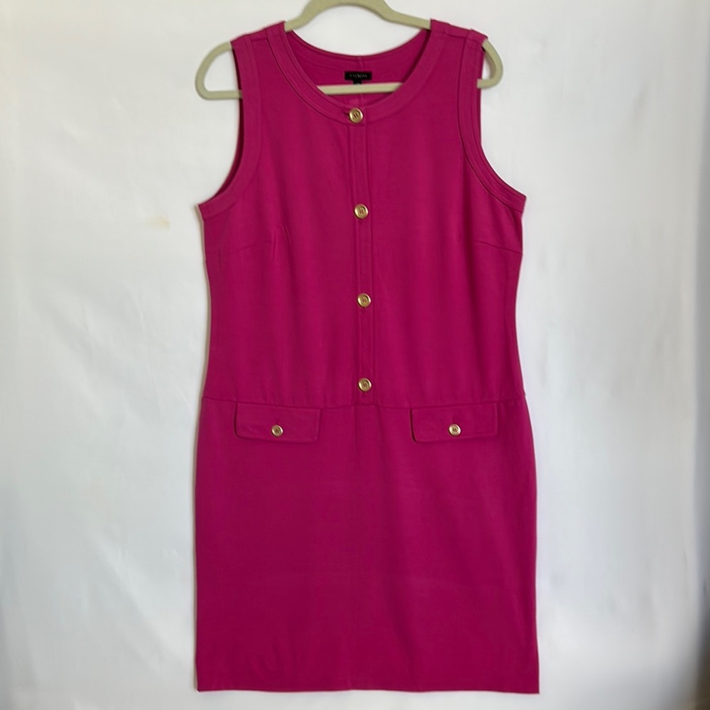 Talbots Women Sz 14 Fuchsia Pink Sleeveless Jersey Knit Shirt Dress Gold Button